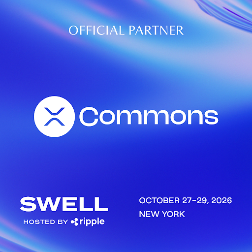 A blue promotional graphic announcing Commons as an Official Partner of SWELL hosted by Ripple, taking place October 27-29, 2026 in New York.