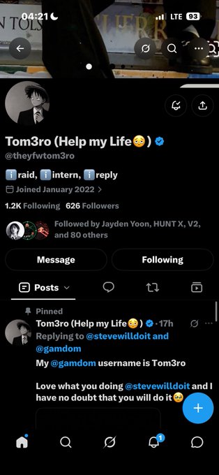 A mobile screenshot of a Twitter/X profile for 'Tom3ro (Help my Life🥺)' (@theyfwtom3ro) showing a pinned post thanking @stevewilldoit and @gamdom.