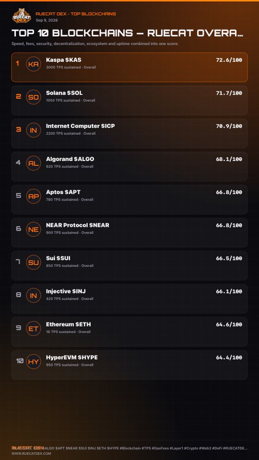 An identical 'RUECAT DEX' infographic titled 'TOP 10 BLOCKCHAINS' ranking Kaspa #1 with 72.6/100, followed by Solana, Internet Computer, Algorand, Aptos, NEAR, Sui, Injective, Ethereum, and HyperEVM.