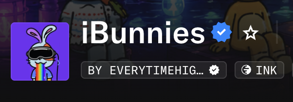 A promotional banner for the "iBunnies" NFT collection by "EVERTIMEHIG..." on the Ink blockchain, featuring a cartoon bunny wearing sunglasses and a rainbow trail on a purple background, with a verified badge next to the name, aligning with the post's promotion of another JPEG from the collection on OpenSea.
