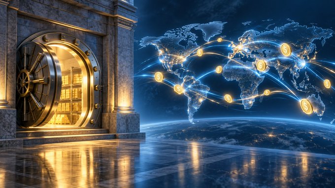 A digital illustration showing a glowing golden bank vault door beside a translucent world map connected by light streaks and gold coin icons, symbolizing global finance and cryptocurrency.