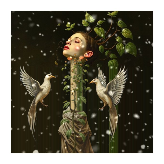 A surreal artwork featuring a woman with her head tilted back, eyes closed, with vines and flowers growing from her neck, flanked by two white birds in flight against a dark background with falling white petals.