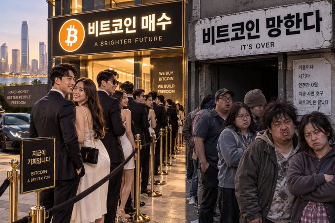 A split-image scene contrasts two crowds at opposing cryptocurrency exchanges: on the left, well-dressed people wait in an orderly, roped-off line outside a sleek building displaying "비트코인 매수" (Buy Bitcoin) with the Bitcoin logo and the slogan "A BRIGHTER FUTURE," while a sign reads "지금이기 때문입니다 / BITCOIN A BETTER YOU" and another advertises "HARD MONEY BETTER PEOPLE FREEDOM" and "WE BUY BITCOIN, WE BUILD FREEDOM." On the right, disheveled people stand in a grim queue outside a run-down shop labeled "비트코인 망했다" (Bitcoin is ruined) with the caption "IT'S OVER," alongside smaller Korean signs warning "거래하다 사기다, 망하면 0원, 지금 사면 호구, 비트코인은 끝났다" (roughly: trading is a scam, it goes to zero, buying now makes you a sucker, Bitcoin is