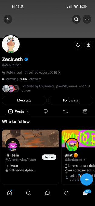 A screenshot of a social media profile page for "Zeck.eth" (@Zeckether), showing 9.6K followers, a "Following" status, and a "Who to follow" section featuring users like "@AmmarAbuAlwan" and "@jantaronov".