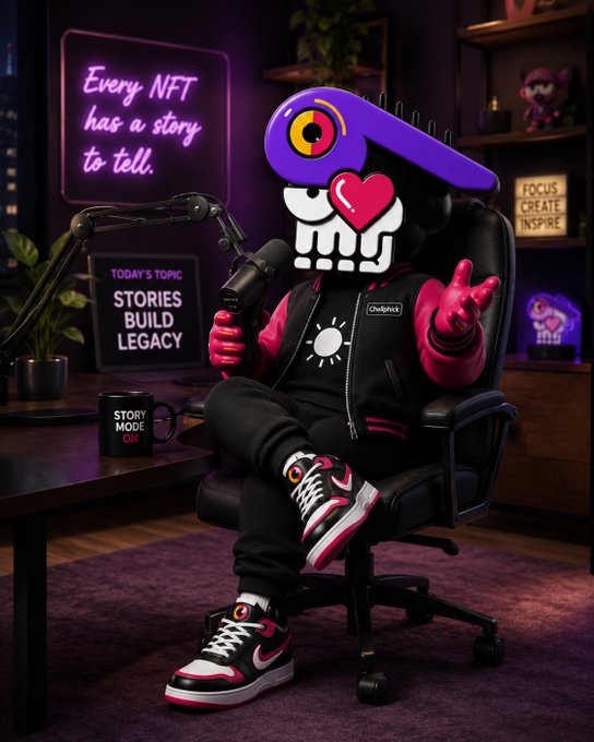 A 3D-rendered character wearing a black and pink outfit and sneakers, sitting in a chair with a microphone, with neon signs reading 'Every NFT has a story to tell' and 'TODAY'S TOPIC STORIES BUILD LEGACY'.