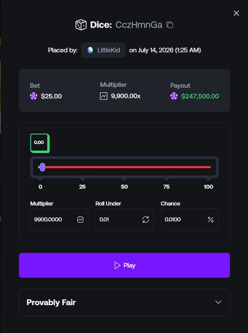 A dice gambling interface on Shuffle.com shows a $25 bet by user "LittleKid" on July 14, 2026, with a maxed multiplier of 9,900.00x yielding a $247,500 payout, illustrating the user's success of turning $25 into nearly $250K.
