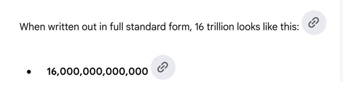 The image displays a text-based educational graphic explaining that 16 trillion, when written in full standard form, equals 16,000,000,000,000 (showing 12 zeros), which visually illustrates the massive number referenced in the post about XRP reaching 16 trillion.