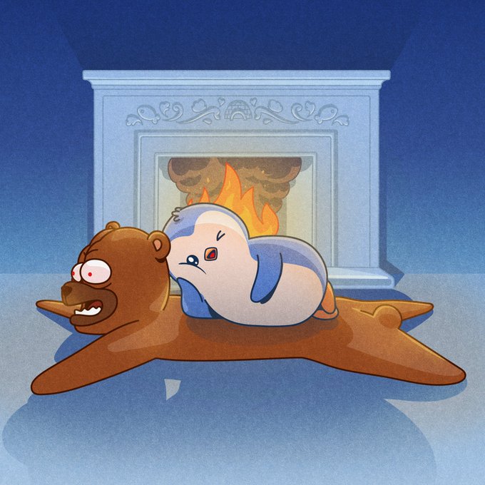 A whimsical cartoon illustration shows a brown bear lying flat on the floor with a blue and white creature resting on its back in front of a lit fireplace.