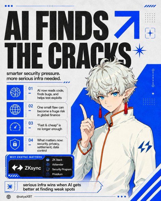 The image features an illustration of a man with blue hair wearing a white jacket and red earrings. The man is pointing at something in front of him while standing against a blue background that has a white border, giving the impression of a poster or advertisement. The text on the poster reads "AI finds the cracks," which suggests that AI technology might be used to detect and fix vulnerabilities in computer systems.