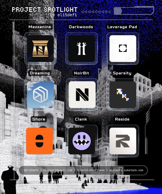 A 'PROJECT SPOTLIGHT by eli5defi' graphic displaying nine crypto project logos including Mezzanine, Darkwoods, Leverage Pad, Dreaming, NoirBit, Sparsity, Shore, Clank, and Reside against a stylized urban background.