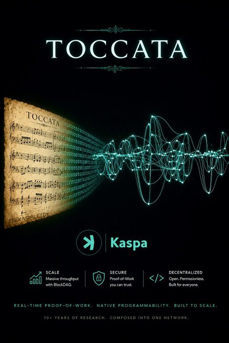 Promotional image for Kaspa's Toccata upgrade, featuring musical sheet transforming into a digital waveform with text: 'Real-time Proof-of-Work, Native Programmability, Built to Scale' and 10+ years of research.