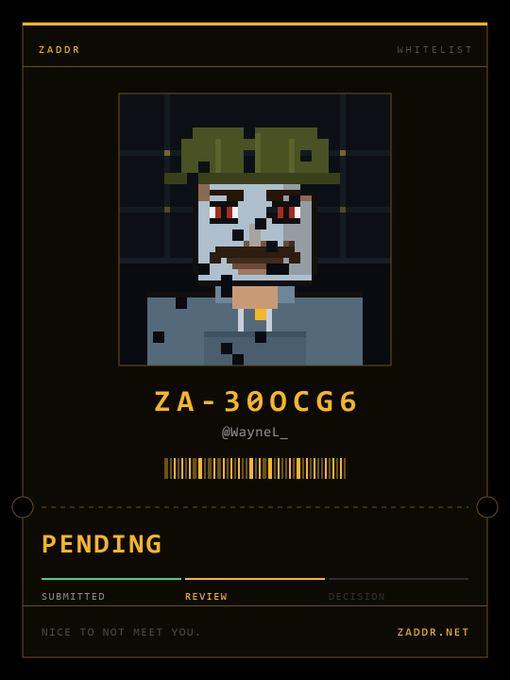 A pixel-art style NFT application card for 'ZADOR' showing a zombie-like character with ID 'ZA-300CG6' (@WayneL_) in a 'PENDING' status.