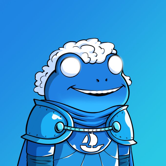 A cartoon blue frog-like character with fluffy white hair and metallic armor stands smiling against a bright blue gradient background. The post about a July 31st 4:30 pm UTC time on @opensea suggests this is a promotional image for an NFT drop or digital collectible release on the OpenSea marketplace.