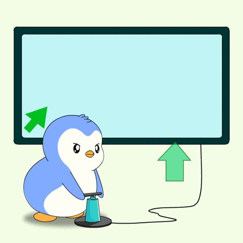 The image features a cartoon penguin standing up next to a television screen with text on it that says "Good morning fam! Woke up seeing: BTC at $65,700 ETH at $1,718. SOL at $71. HYPE at $65. BNB at 615." The penguin is holding a blue controller in its beak and appears to be enjoying itself as it interacts with the electronic device.