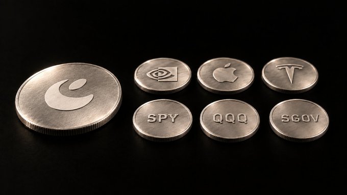 Seven silver coins bearing various logos rest on a dark surface, including a crescent moon symbol, NVIDIA, Apple, Tesla, 'SPY', 'QQQ', and 'SGOV'.