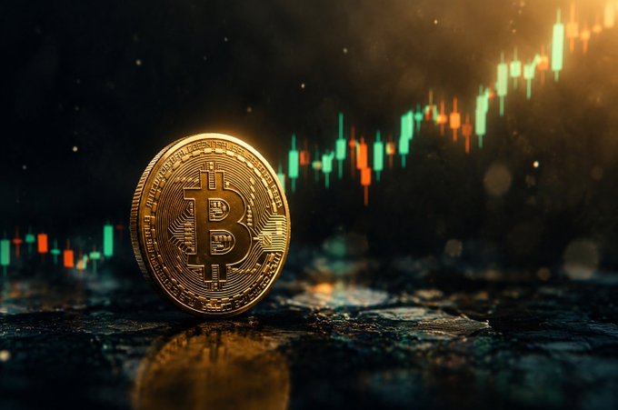 A physical Bitcoin token stands upright on a dark surface against a backdrop of a green and red candlestick trading chart.