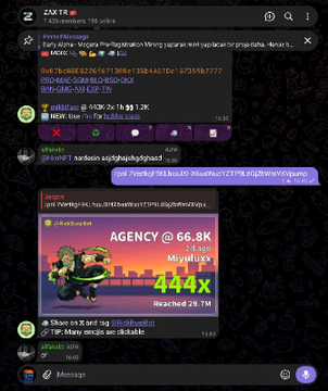 A Telegram chat screenshot showing crypto token discussions, including a Memeland token contract address, with a highlighted meme image advertising 'AGENCY @ 66.8K' and '444x' returns.