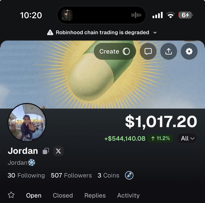 A mobile app profile for 'Jordan' shows a portfolio value of $1,017.20 with a gain of +$544,140.08 (11.2%), while a notification banner warns 'Robinhood chain trading is degraded'.