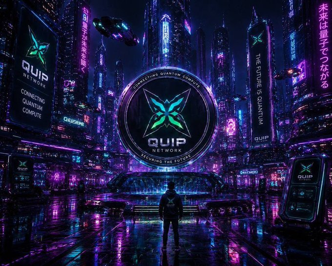 The image features a man standing in front of a futuristic cityscape at night, with neon lights illuminating the scene. The city appears to be a blend of science fiction elements such as buildings made of glass and metal structures that resemble atoms or particles. The man is positioned near the center of the image, looking towards the camera.

The post behind him reads: "One reason I keep watching @quipnetwork? Most quantum projects only focus on defense: Is my wallet safe?" This implies a connection between the futuristic city and the Quip network, suggesting that they might be working together to ensure the security of digital assets or information. The image also includes text about the Quip network's future projects, which could potentially involve advancements in quantum computing or other related fields.