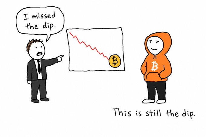 A cartoon depicting Bitcoin price dips, showing a disappointed man in a suit saying 'I missed the dip' while pointing at a declining chart, contrasted with a relaxed person in a Bitcoin hoodie declaring 'This is still the dip.'