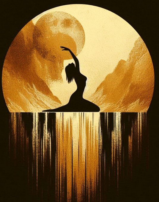 A silhouette illustration of a woman with flowing hair posed against a large golden circle, with vertical streaks descending from the figure.