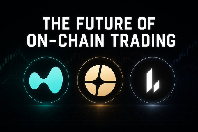 The image features a black background with white text that reads "THE FUTURE OF ON-CHAIN TRADING". Below this, there are three circles representing different cryptocurrency logos or symbols. The first circle contains a blue logo, the second one has a gold logo, and the third one is black and white. These logos represent three distinct projects: $HYPE, $ASTER, and $LIT. Each project seems to have its own vision for on-chain trading, which could potentially lead to competition between them in terms of dominance within the sector.