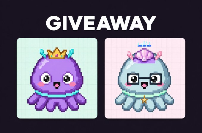 A giveaway graphic featuring two pixel art octopus characters with crowns—one purple and one gray with glasses—under the large text 'GIVEAWAY'.