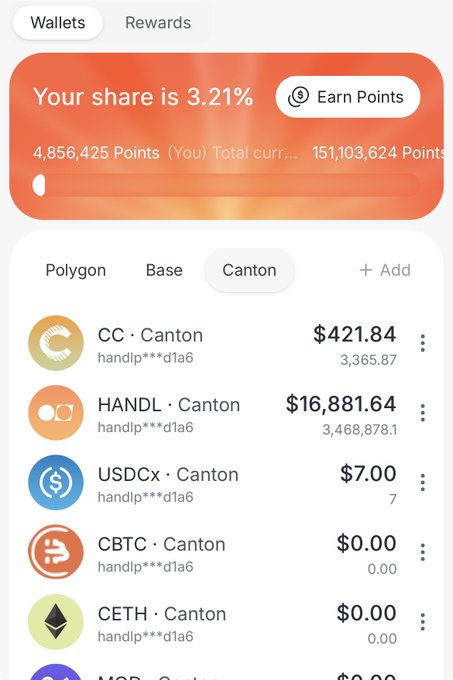 A HandlPay Rewards dashboard shows a 3.21% share with 4,856,425 points accumulated, alongside token holdings on the Canton network—549 CC worth $421.84 and HANDL valued at $16,881.64—visually confirming the poster's claim of consistent rewards and growing bags.