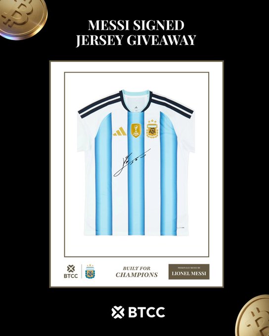 The image features a framed soccer jersey with Messi's signature, suggesting that it may be an offer for someone to buy the shirt as a souvenir or collectible item. The poster includes text inviting people to enter a contest by entering a certain amount of money into their BTCC account in exchange for receiving one of these specially crafted jerseys. It is clear that this event is related to soccer and aimed at celebrating the achievements of the famous soccer player, Messi. There are also coins visible on the image.
