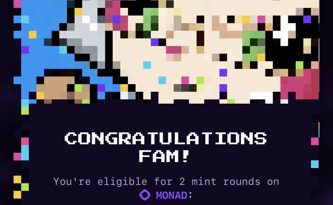 A pixelated celebration graphic with confetti and the text "CONGRATULATIONS FAM! You're eligible for 2 mint rounds on MONAD," announcing winners of a Chog NFT mint giveaway on the Monad blockchain.
