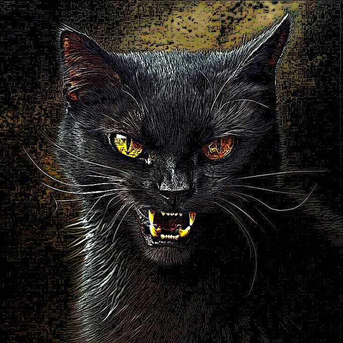 A stylized digital artwork of a fierce black cat with glowing yellow eyes and bared fangs against a dark textured background.