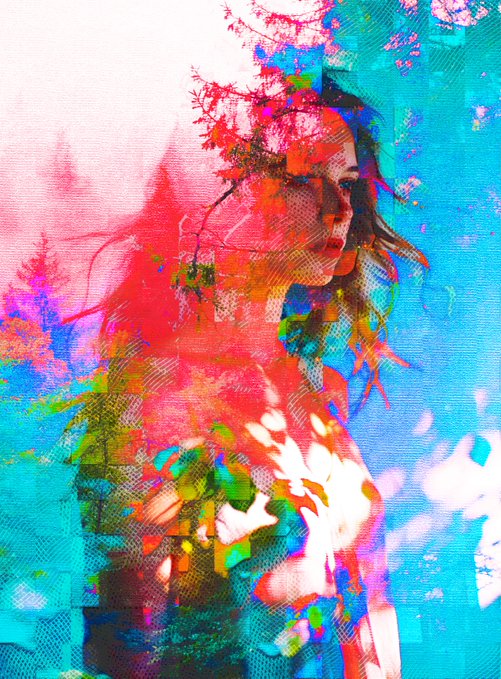 A highly stylized, colorful digital artwork depicting a figure dissolving into vibrant, glitch-like splashes of pink, red, blue, and green.