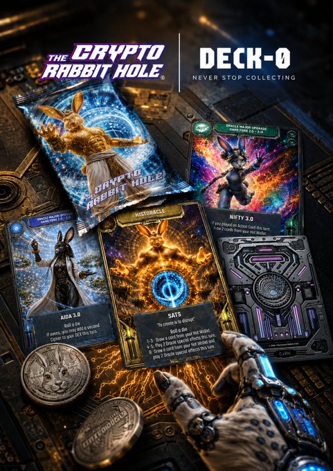 A promotional display for 'THE CRYPTO RABBIT HOLE' Deck-0, featuring a packaged rabbit figurine and trading cards labeled 'AIDA 3.0', 'HISTORACLE', 'NIFTY 3.0', and 'SATS', alongside commemorative coins.