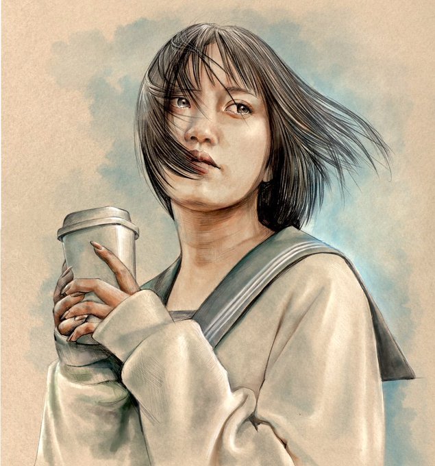 An illustrated portrait of a young woman with short dark hair, wearing a sailor-style school uniform and holding a travel cup.
