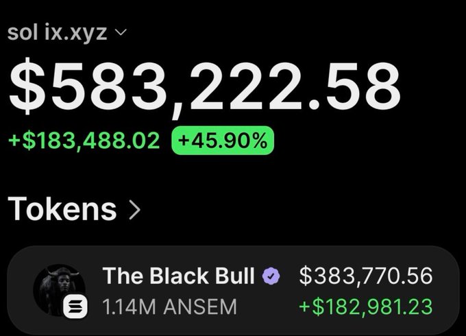 The image shows a wallet (sol ix.xyz) displaying a balance of $583,222.58, up +$183,488.02 (+45.90%), with the top holding being "The Black Bull" (1.14M $ANSEM) valued at $383,770.56 (+$182,981.23). It visually breaks down the post's claim that the wallet turned $16,800 into ~$609K profit on $Ansem tokens, showing the remaining $383K still held while $241K+ was already cashed out.