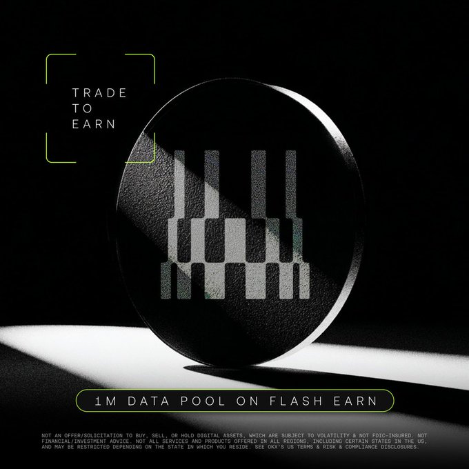 A dark, sleek promotional graphic featuring a black circular emblem with the "DATA" ticker etched in bold letters, accompanied by the text "TRADE TO EARN" in the upper left and "1M DATA POOL ON FLASH EARN" highlighted at the bottom, advertising OKX's Trade-to-Earn campaign offering a share of a 1 million DATA prize pool on their Flash Earn platform.