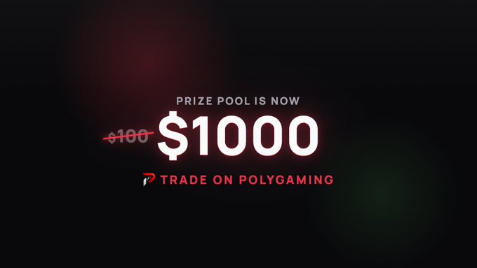 The image features a black background with white text that reads " Prize Pool Is Now $1,000. Trade on Poly gaming. Top 10 on the leaderboard win, and the competition now runs for 2 weeks. More time. More winners." The text is in bold letters against a dark background, making it stand out prominently.