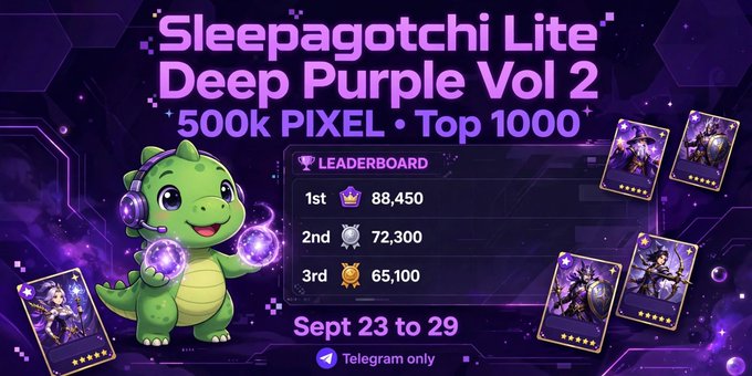 A promotional banner for 'Sleepagotchi Lite Deep Purple Vol 2' contest offering 500k PIXEL to the Top 1000, with a leaderboard showing 1st place (88,450), 2nd (72,300), and 3rd (65,100), running September 23 to 29 on Telegram only.