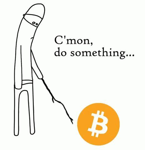 A black and white meme illustration of a hooded figure poking a Bitcoin (₿) coin with a stick, with the text 'C'mon, do something...'