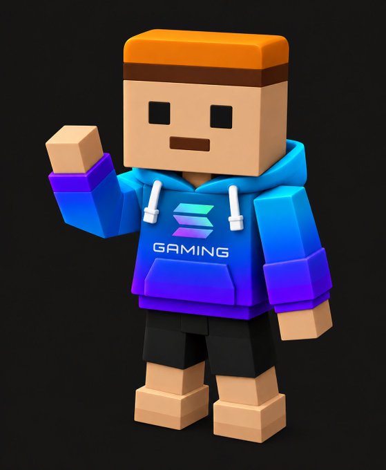 A 3D voxel-style character with an orange headband wears a blue and purple gradient hoodie displaying "GAMING" with a Solana logo.