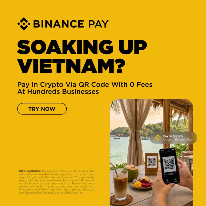 A Binance Pay ad with bold yellow branding promotes "SOAKING UP VIETNAM?" with a "Pay in Crypto Via QR Code With 0 Fees At Hundreds Businesses" tagline and "TRY NOW" button. The right side shows a tropical beachside scene—featuring an iced coffee, fresh fruit, and a phone displaying a QR code for crypto payments—visually reinforcing the post's message about paying seamlessly at Vietnam's coastal destinations.