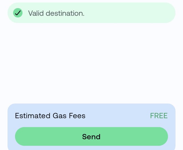 The image shows a white phone screen with an estimated gas fees send button. The text "Free" is displayed, indicating that sending money through this app would be free. This message suggests that the user might have received a promotional offer or discount for using the app to send money.