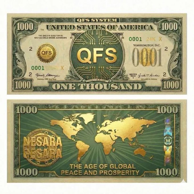 A novelty $1,000 currency note featuring "QFS" branding, a circuit board design, and a green and gold color scheme. The back displays a world map, "NESARA/GESARA," and the text "THE AGE OF GLOBAL PEACE AND PROSPERITY." The image appears unrelated to the post about Donald Trump's comments on cryptocurrency and Bitcoin.