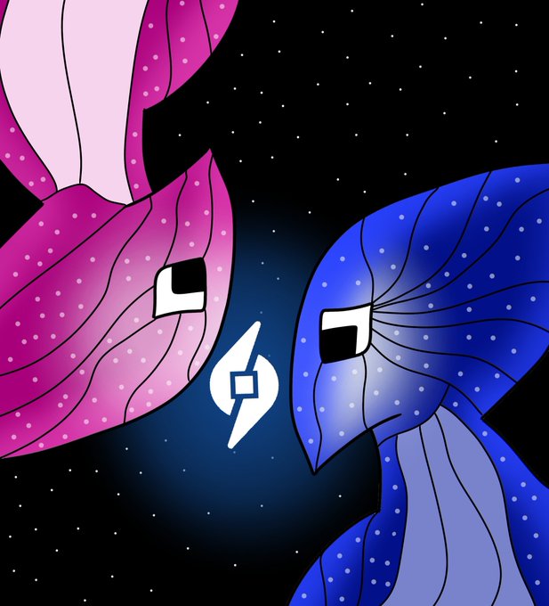 The image features two cartoon characters, a pink one with a white lightning bolt symbolizing power or energy, and a blue one with a white lightning bolt as well but with a sad expression. The characters are facing each other, creating an interesting contrast between their opposing emotions. The background is dark, which further emphasizes the characters' presence in the image. The post seems to be about building communities through connections and fostering innovation by encouraging ideas and collaboration among users of the app.