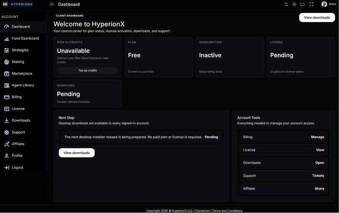 The HyperionX client dashboard displays account information showing a 'Free' plan with 'Inactive' subscription status and 'Pending' license, along with navigation options for strategies, staking, marketplace, and agent library.