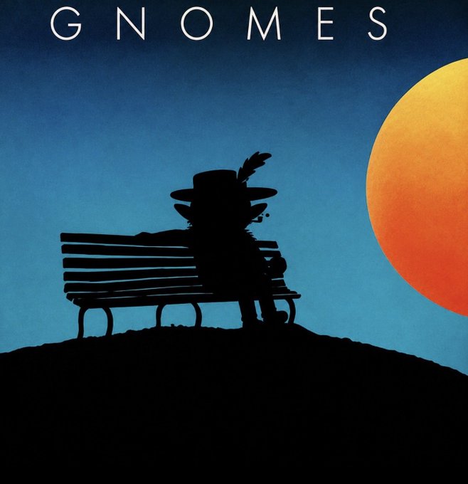 Stylized silhouette illustration of a gnome in a feathered hat sitting alone on a park bench at sunset, with the text 'GNOMES' displayed at the top.