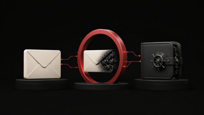 A 3D-rendered illustration shows an email being converted into encrypted data through a red ring before being stored in a black vault, symbolizing secure email-to-blockchain transactions.