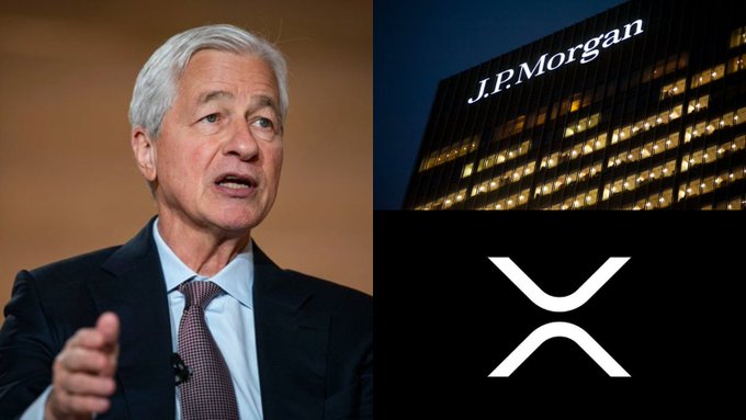JPMorgan CEO Jamie Dimon pictured alongside the J.P. Morgan building and XRP logo, illustrating how major banks like JPMorgan are reportedly integrating into Ripple's network as nodes, with XRP serving as the bridge currency for the projected $150 trillion cross-border payments market.