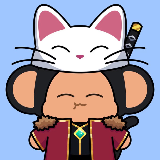A cute digital illustration of a chibi-style character with a peach-colored round face and closed smiling eyes, wearing a maroon robe with gold trim and a teal gem, with a large white smiling cat head resting on top.