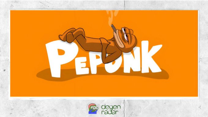 A cartoon-style meme token logo featuring a Pepe-like frog character casually reclining on bold white "PEPONK" lettering against an orange background, with "degen radar" branding at the bottom—visually representing the PEPE + BONK hybrid token mentioned in the post.